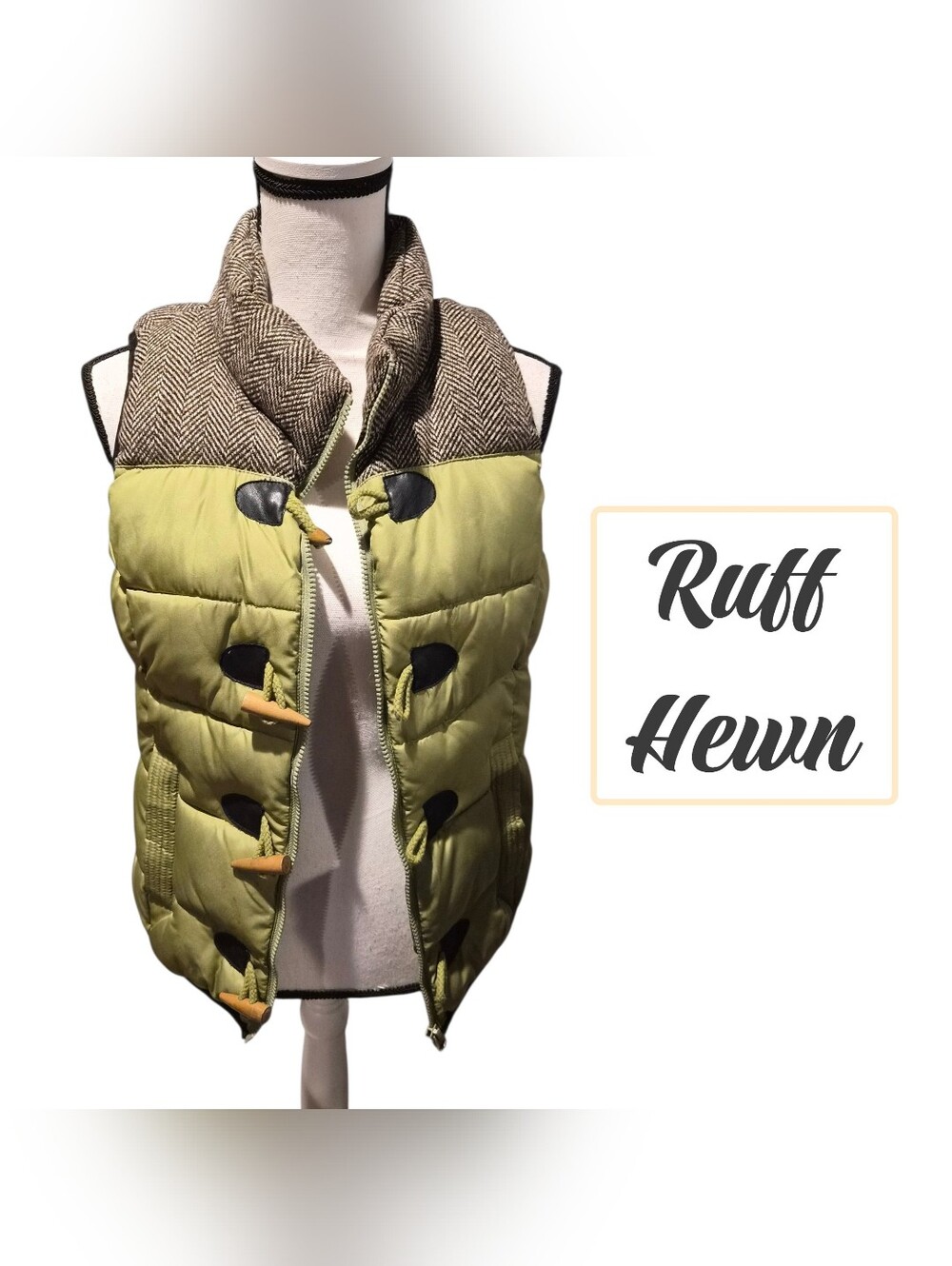 Ruff Hewn Lime Green Quilted Vest with Herringbone Shawl Collar Size Small